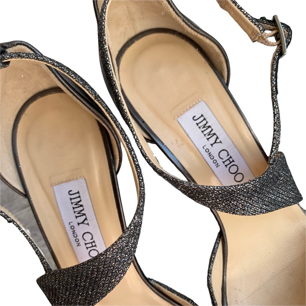 Jimmy Choo Tyne Asymmetrical Anthracite Silver Glitter Lamé Bridal Sandal Heels - Picture 8 of 15